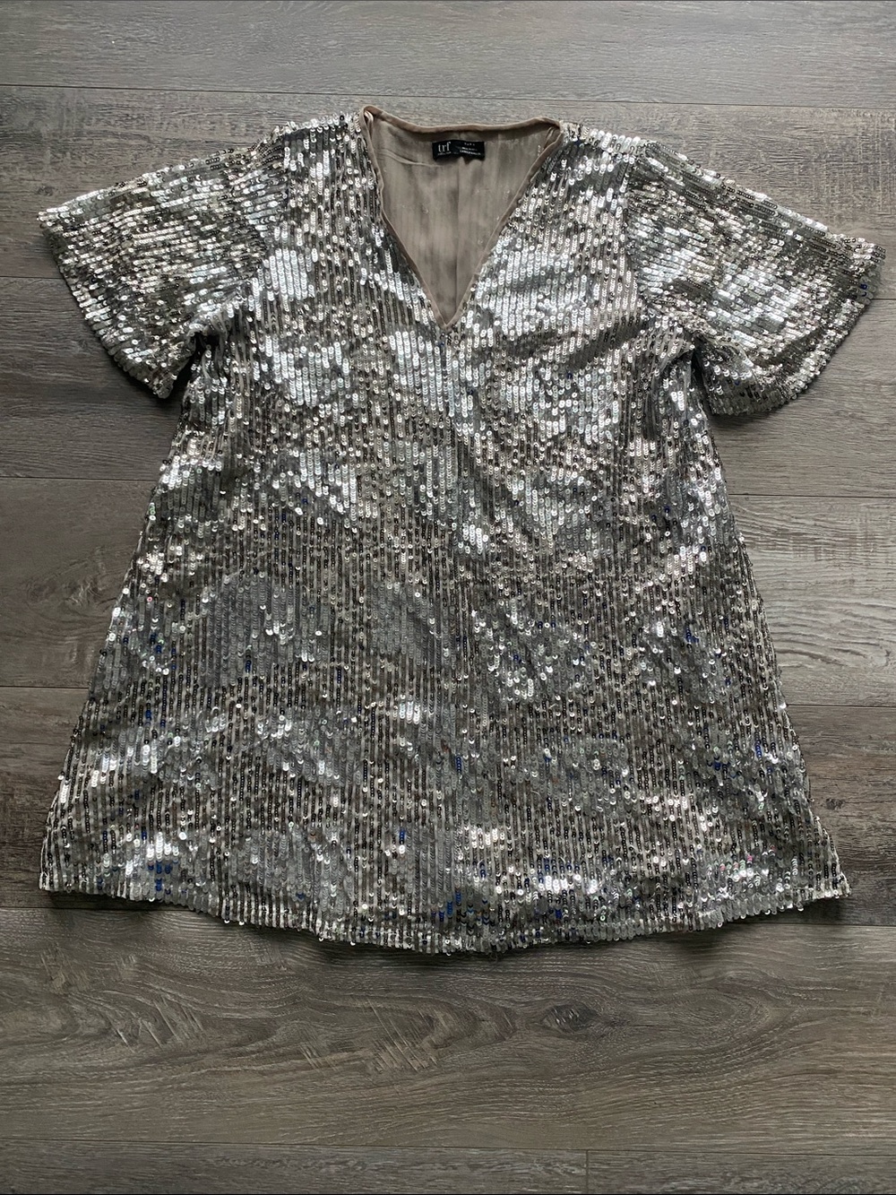 Zara Silver Sequin V-Neck Mini Swing Dress Womens Sz Medium Holiday New Year